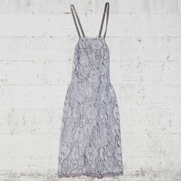 Lulus Gray Floral Lace Halter Ribbon Strap Mini Boho Bridesmaid